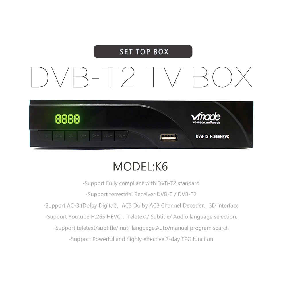 Vmade DVB-T2 DVB-T HD 1080P цифровой эфирный приемник H.265/HEVC ТВ-тюнер Поддержка RJ45 Dolby AC3 Youtube ТВ-приставка