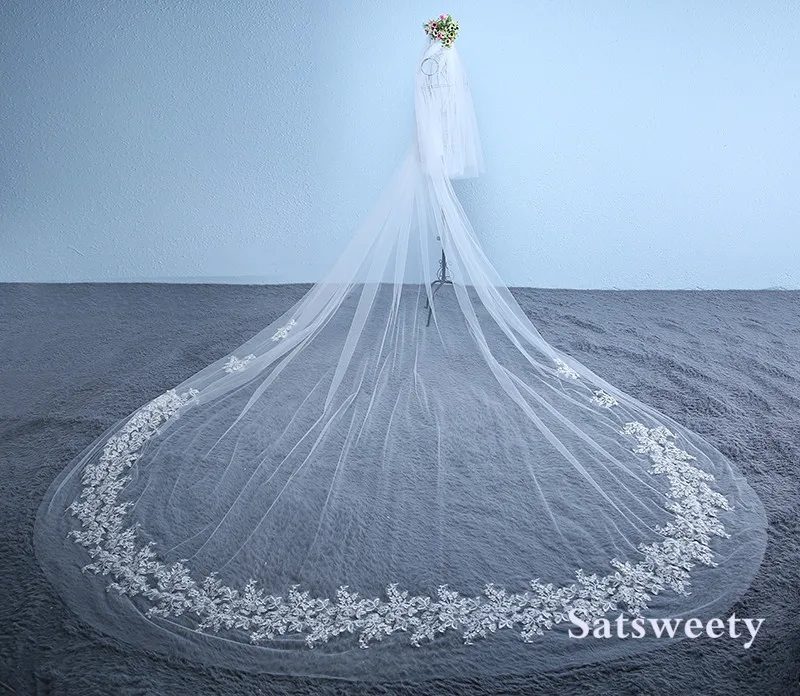 Stunning One-Layer Luxury Lace Wedding Veil 3M Long Bridal Veils with Blusher Appliques Edge Cathedral Length Wedding Accessary