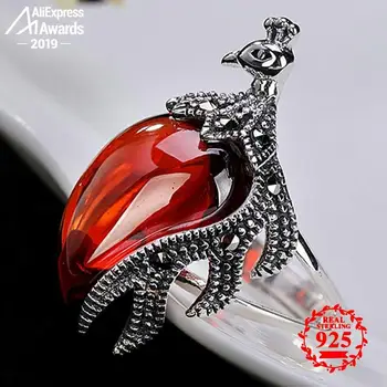 

S925 Fine Antique shop Ruby Rings Phenix Peacock Handmade Vintage Natural Carnelian Retro Ruby red jasper Agate