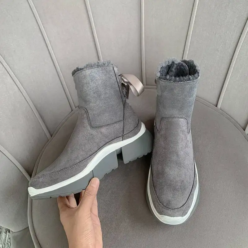SIMLOVEYO Women's Mid-calf Boots Genuine Leather Fur Wool Round ToeCow Suede Snow Winter warm Boots Platform Riband size 35-39