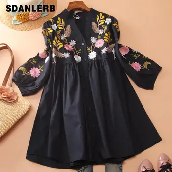 

2019 Autumn Vintage Embroideed A-line Long Blouse Women V-neck Loose Lantern Sleeve Top Shirts