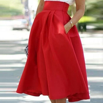 

New Elegant High Waist A Line Street Flared Skirt Pleated Midi Skirt with Pocket Solid Pleated Long Skirt 2019 New
