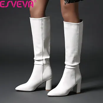 

ESVEVA 2020 PU Leather Women Pumps Square High Heel Comfortable Knee High Boots Fashion Pointed Toe Ladies Shoes Big Size 34-43