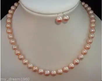 

Real Natural 8-9MM Pink Freshwater Cultured Pearl Necklace Earring 18'' Set