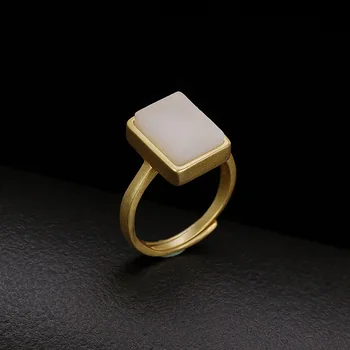 

Yilu silver S925 pure silver gold-plated inlay Hetian jade white jade rectangle frosted high grade lady's opening ring