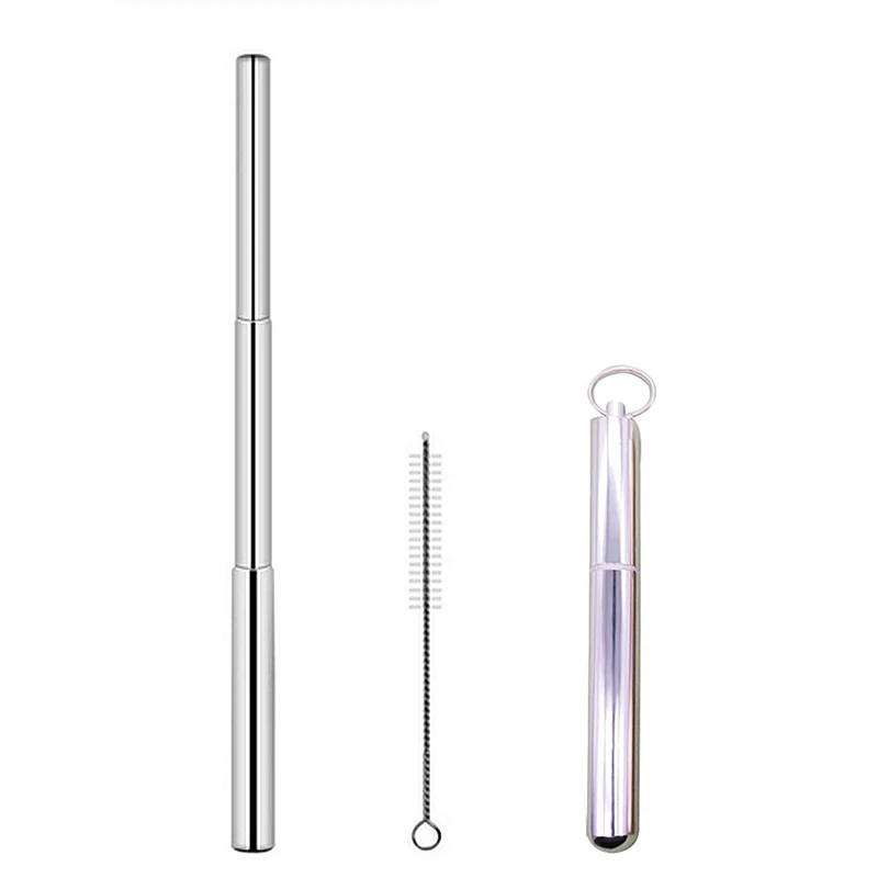 Metal Reusable Collapsible Foldable Straw with Case Keychain Stainless Steel Metallic Portable Telescopic Drinking Straw Brush - Цвет: Silver