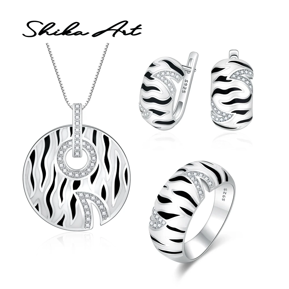 SHIKA ART Fashion Jewelry Zebra Enamel White CZ Stones Ring Earrings 925 Sterling Silver Women Charms Party set | Украшения и