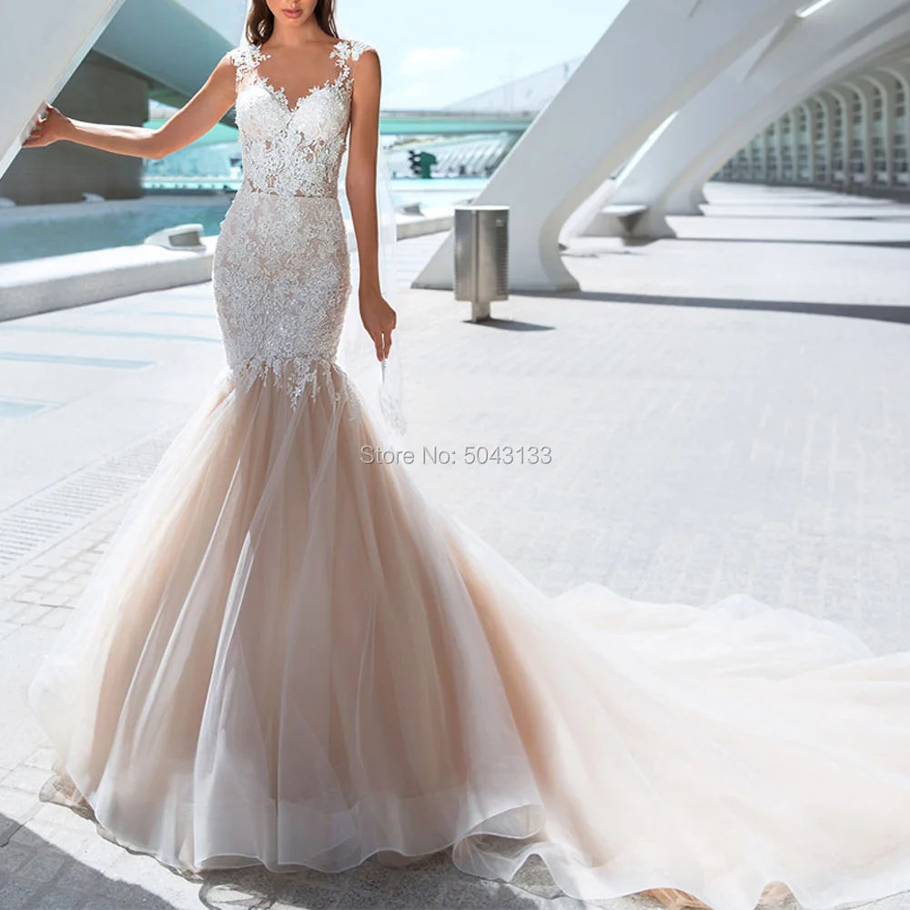 

2019 Charming Champagne Mermaid Wedding Dresses Sexy Sheer Neck Chic Lace Appliques Formal Wedding Bridal Dress Chapel Train