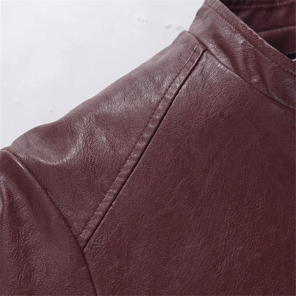 Men Jacket Leather Red/Black Coats Slim Fit Fleece New Stand Collar Top Jacket Parkas Thick Warm Faux Fur Male Clothing