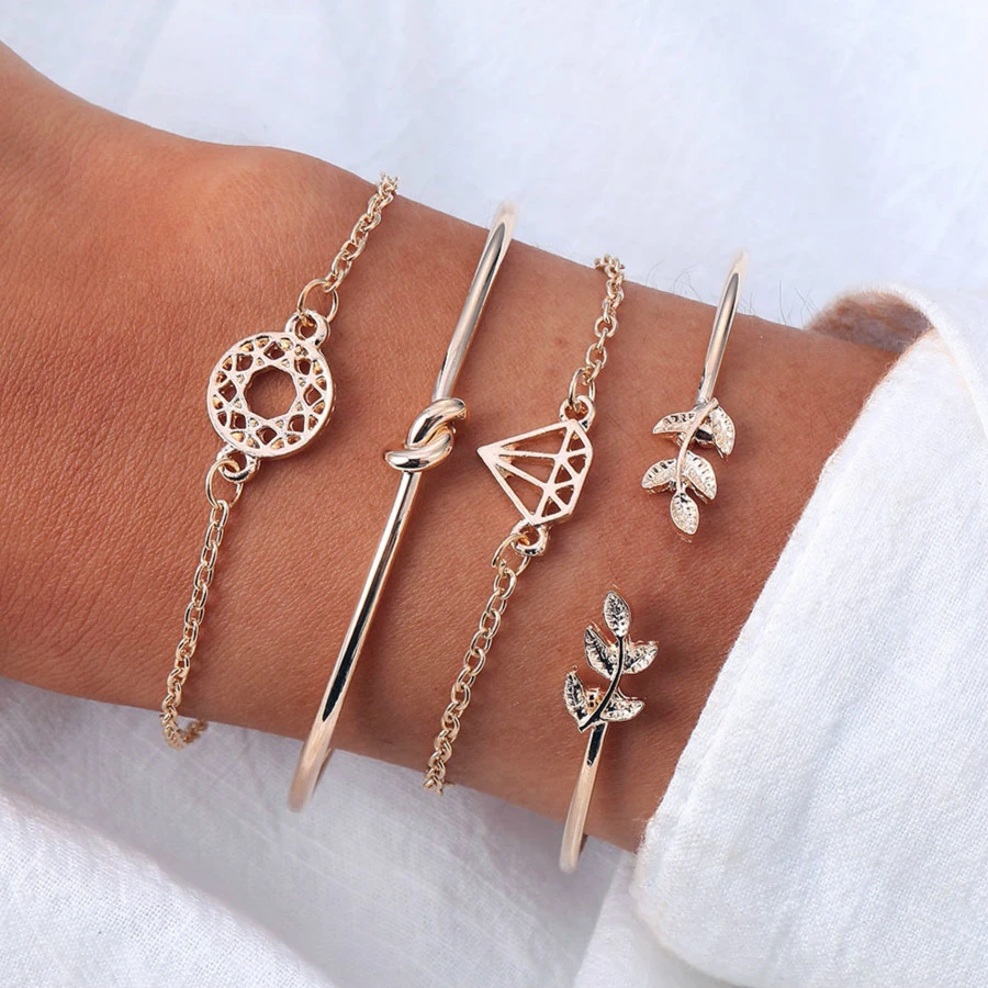 

4 Pcs/Set Opening Leaf Knot Cuff Bracelets For Women Fashion Gold Color Link Chain Charms Bracelet Boho Jewelry Pulseras