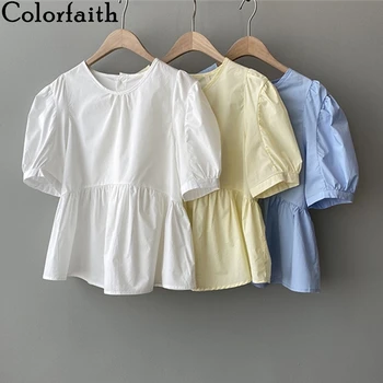 

Colorfaith New 2020 Women Summer Blouses Shirts 3 Colors Buttons Puff Sleeve Casual Patchwork Vintage Pleated Short Tops BL0805