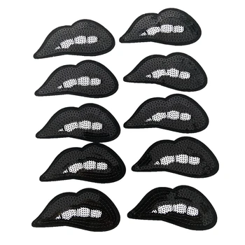 

New Custom Black Sequined Small Lips Patch for face mask or T-shirt Clothes stickers Iron on Mouth patches can sew on cloth 10PC