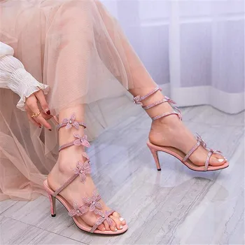 

Rhinestone decoration new fashion sexy round toe ladies high heels flowers pink high heel summer ladies wedding shoes