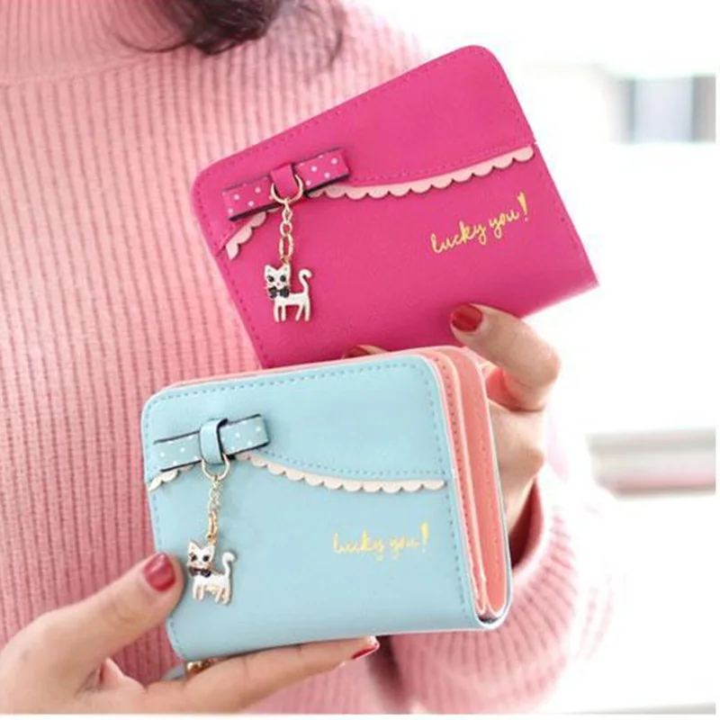 

Women's wallet multi-card keychain coin purse female Korean version PU solid color short ladies wallet purse women
