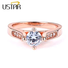 USTAR четыре зубец Установка австрийский Циркон Cirstal обручальные кольца для женщин розовое золото цвет женские кольца для помолвки Anel высшее качество