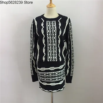 

Early Autumn Small Xiangfeng Black And White Jacquard Round Neck Pullover Knitting Sweater + Temperament Knitting Overskirt Wool