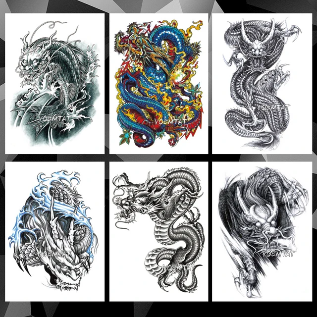 Tatouage temporaire, autocollant, couleur noire, motif de dragon, transfert d'eau, crâne, art corporel, faux tatouage pour femmes et hommes 1