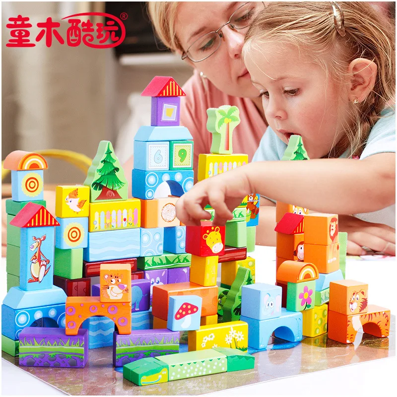 

Environmentally Friendly Wooden Color 100 Tablets Barrel Children City Scene Assembled Building Blocks Educational Force Toy