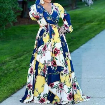 

Loose Summer Women Long Dress Floral Print Prom Party Dresses 2020 African Long Sleeve A-Line Vintage Boho Maxi Vestiods