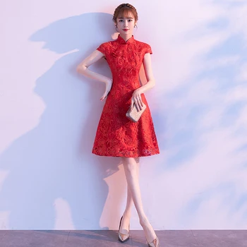 

Women Vintage Mandarin Collar Qipao Red Wedding Party Dress Chinese Style Slim Short Cheongsam Sexy Lace New Robe De Soiree