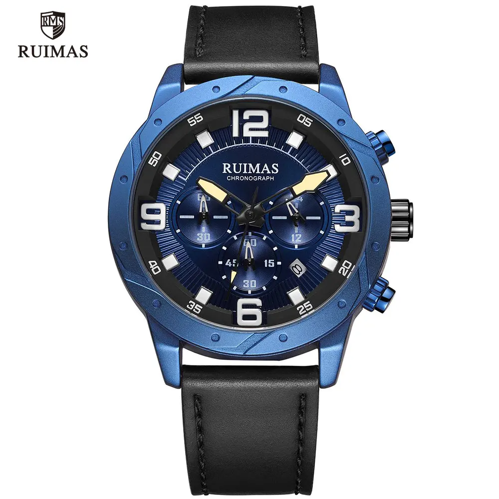 RL595G-Blue RUIMAS мужские часы с хронографом, Роскошные водонепроницаемые часы от ведущего бренда, мужские черные кожаные кварцевые наручные часы, мужские армейские Relogios 595 - Цвет: RL595G-Blue