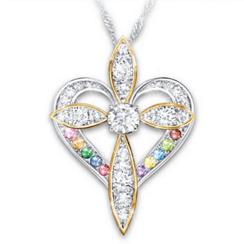 

Cross Necklaces for Woman Gold and Silver Two-Tone Heart Colorful Multicolor Pendant Necklace for Wedding Engagement JewelryGift