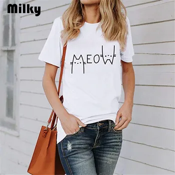

MEOW Cute Cat Lover letter Cartoon Female T Shirt Women White Casual Short Sleeved Tshirt Streetwear Print Homme Super Soft T