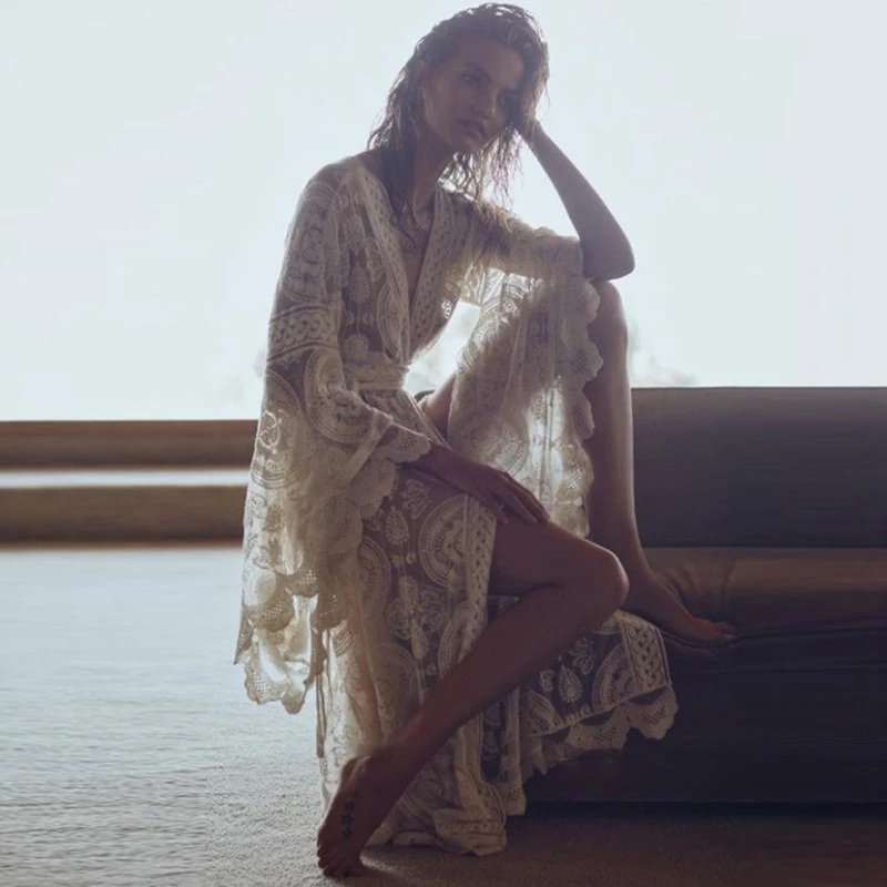 

Summer Beach Dress White Bathing Suit Plus Size Long Transparent Cover Up Dresses for The Beach Beach Wear Tunic Beachwear