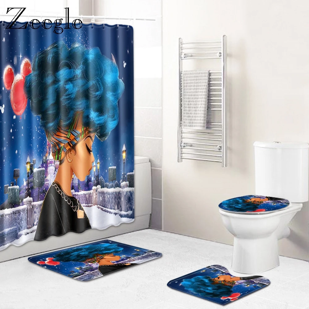 Zeegle Christmas Bathroom Decoration Mat Toilet Anti-slip Mat Water Absorption Foot Rug Printed Shower Curtain Toilet Foot Rug