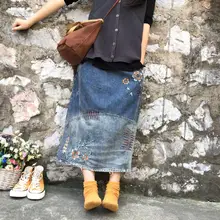 Ретро Осенняя новая джинсовая юбка с вышивкой женский эластичный пояс градиентный цвет носится заусенцы половина тела юбка
