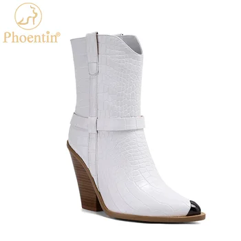 

Phoentin metal pointed cowboy boots women 2020 new arrival Women's winter boots slip on wedge heel ladies footwear white FT1096