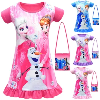 

Elsa Dress Fashion Kids Girls Casual Dress Anna Elsa Sleeping Dress Girls Short Sleeve Cotton Pajamas Nightgown Dress with Bag