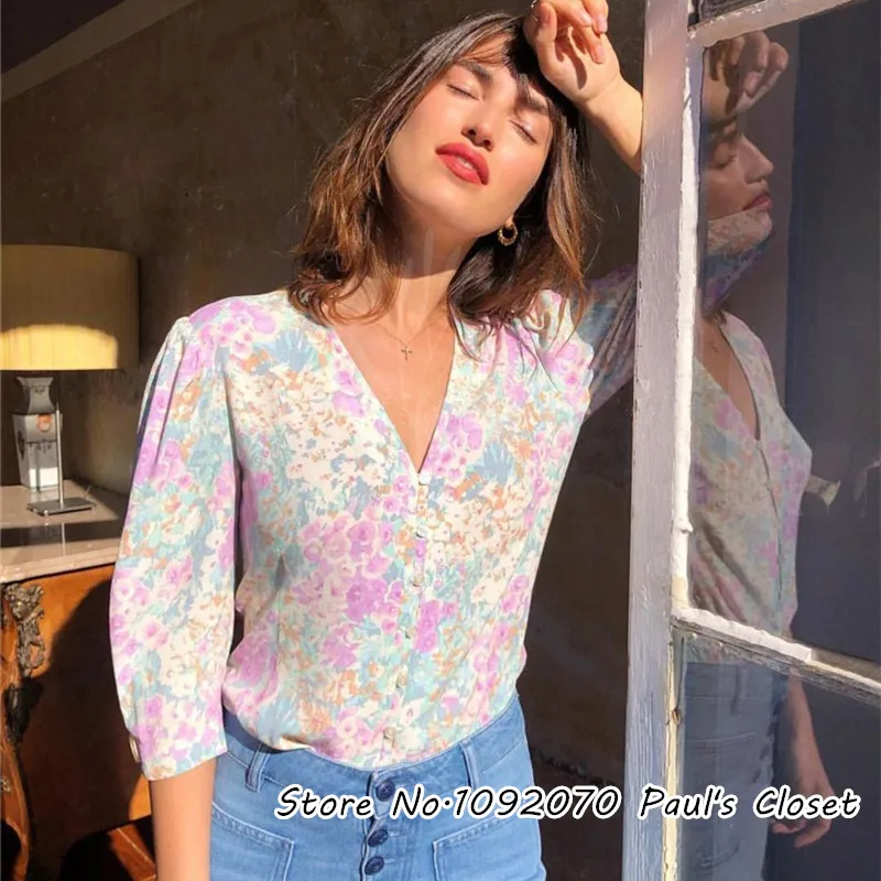 

Women Hortensia Pastel Blouse Dalida V Neckline Hydrangea Floral Print Dalida Blouse Top