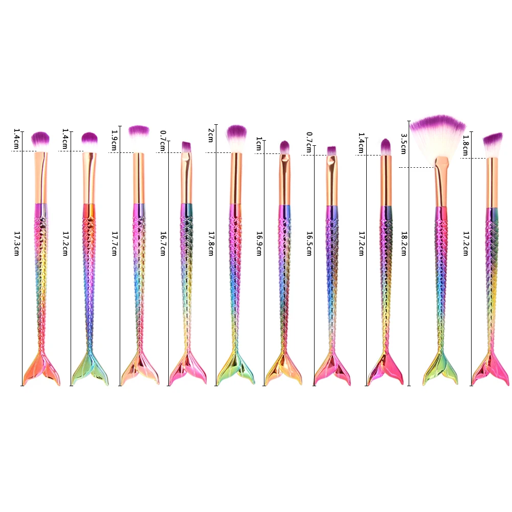 10 шт. Русалочка кисть для основы Пудра Тени для век подводка для глаз кисти для макияжа для бровей Румяна для губ Макияж Кисти Набор русалки