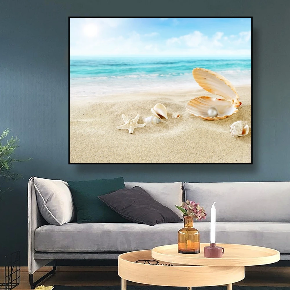 Canvas Art Painting Ocean waves Beach shell conch starfish Art Poster Picture Wall Decor Modern Home Decoration For Living room