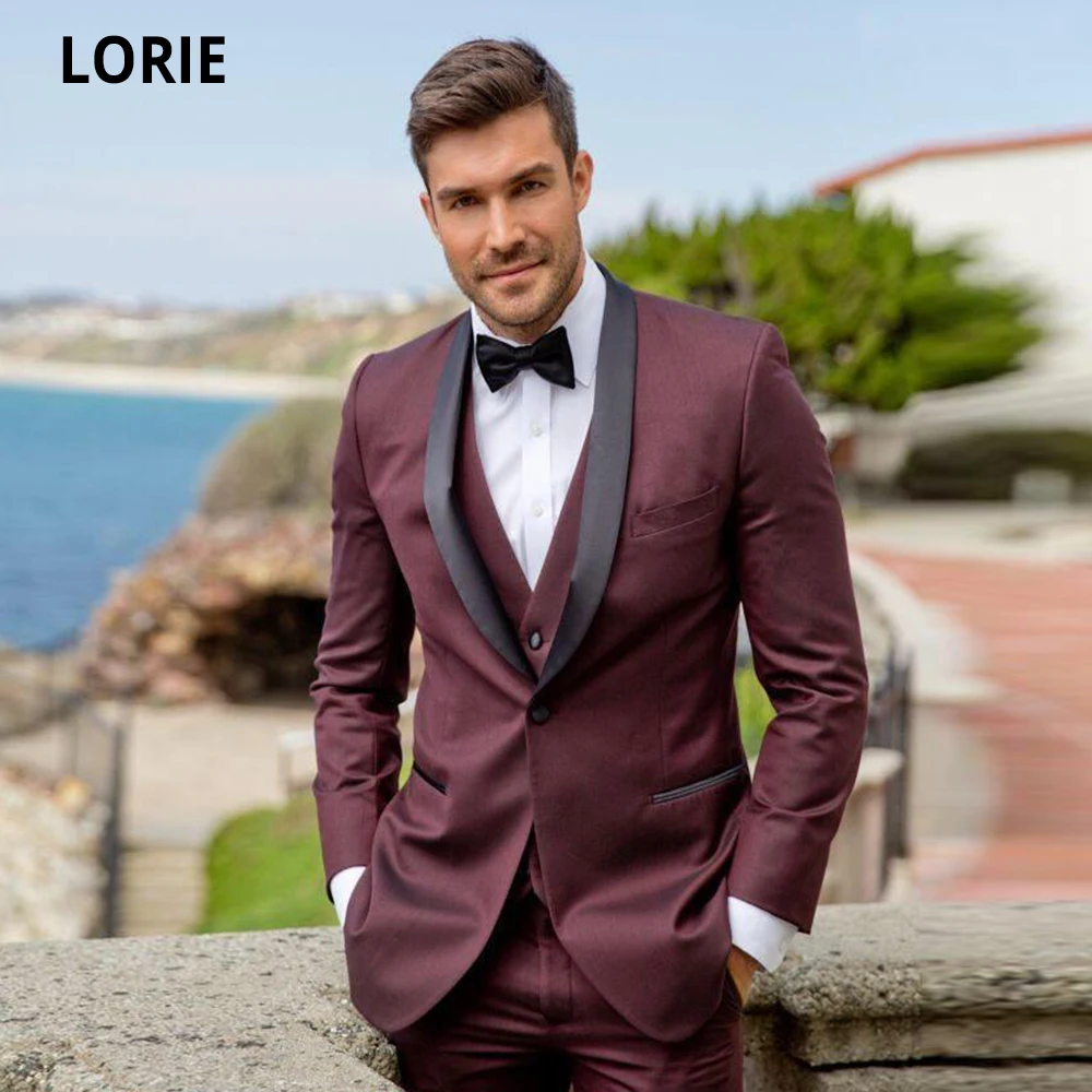 通販販売が好調 ローリー高品質ブルゴーニュ新郎結婚式のためにスーツ3個タキシードショールカラーの男ウエディングパーティードレスメンズ結婚式の服スーツ 公式激安 Signature Johaness Com