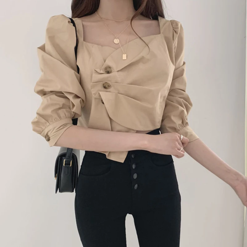 Blusas mujer de moda, Корейская шикарная на пуговицах, одноцветная, квадратный воротник, винтажный стиль, Женские топы и блузки, короткая женская одежда, рубашки