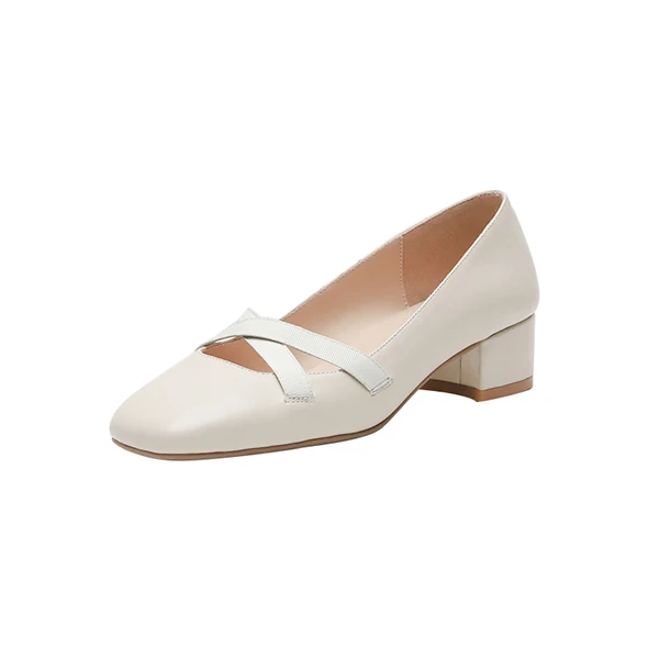 RJN Stylish Women Pumps Cow Leather Buckle Decoration Comfortable Square Toe Med Heel Elegant Slip-On Shallow Well Shoes RO35 - Цвет: Beige