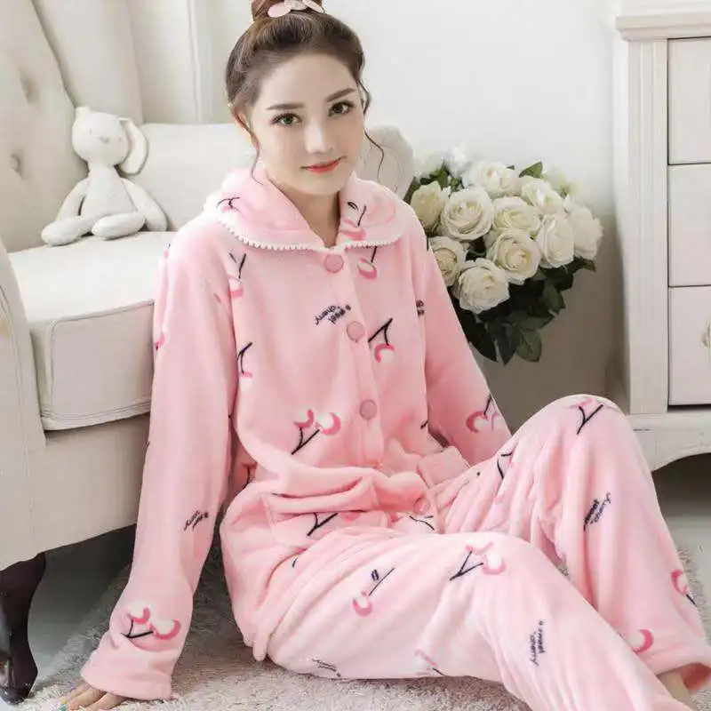 Women Pajamas Set Spring Autumn New Warm Cartoon Printed Long Sleeve Cute Sleepwear Casual Homewear Female Pyjamas - Цвет: Бежевый