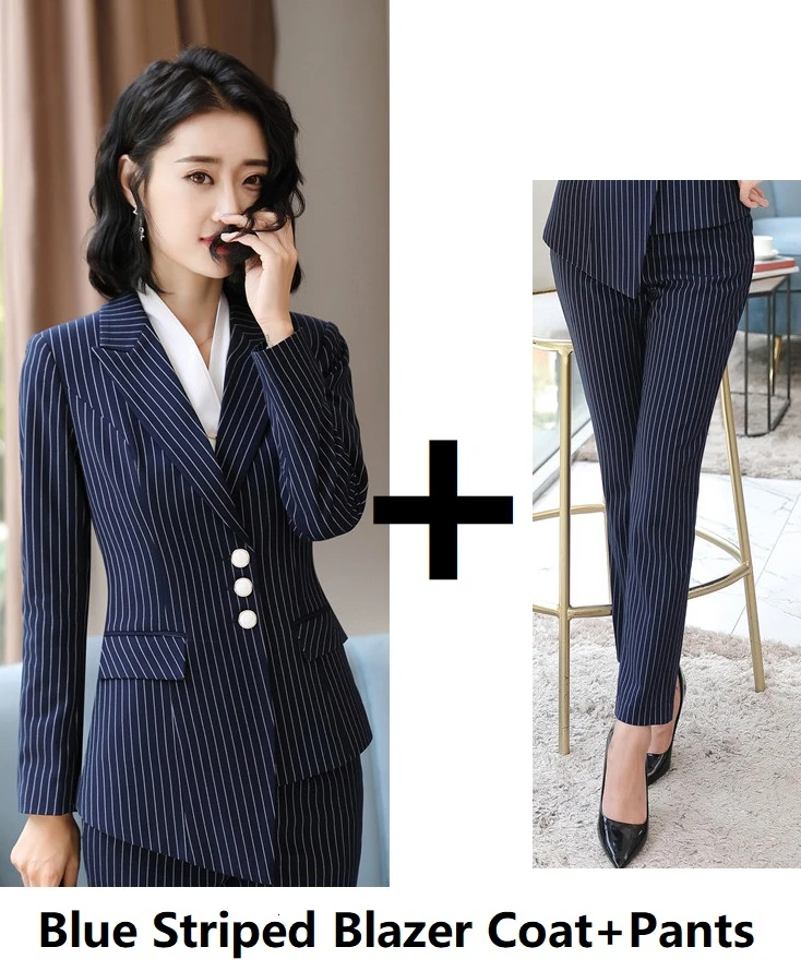 Navy Blue Формальные полосатые женские офисные блейзеры для женщин, профессиональные деловые костюмы с брюками и пиджаками, пальто, брючные костюмы - Цвет: Navy Blue