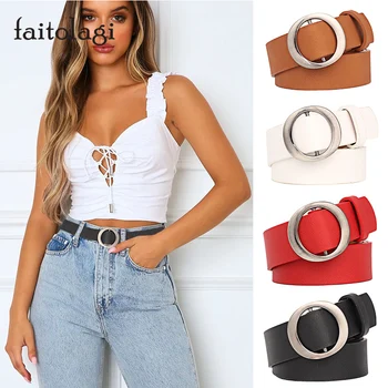 

Rings Circle Buckle Women Belt Strap Red Brown Black White Female Jeans Belt PU Leather Wild Ladies Dress Waist Belt
