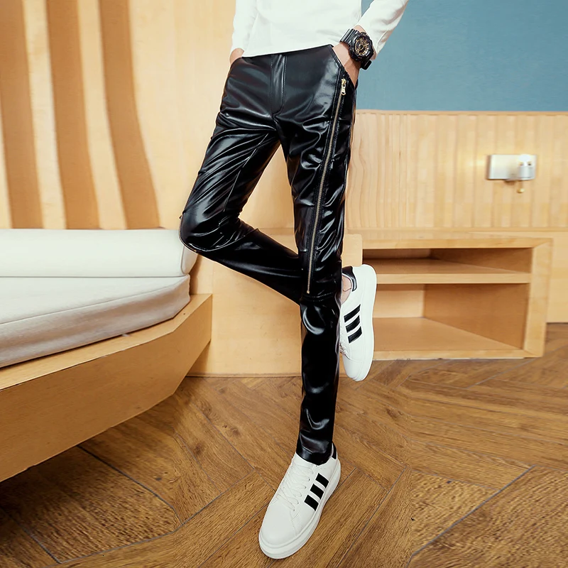 Pantalones Hombre кожаные брюки мужские обтягивающие брюки мужские джоггеры модные облегающие мужские брюки уличная одежда корейские повседневные брюки - Цвет: black