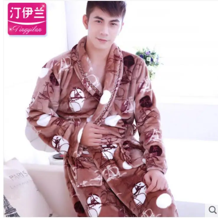Winter Men's Bathrobe Nightgow Thick Warm Coral Fleece Bath Robe Mens Kimono Dressing Gown Male Homewear Sleepwear Nightwear - Цвет: 024