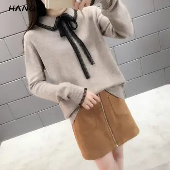 

2019 Kawaii pink knitted sweater women soft pullovers streetwear korean bow white sweater women clothes sueter mujer invierno