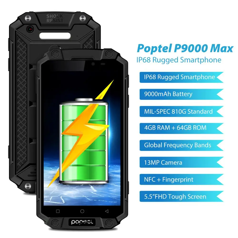 IP68 водонепроницаемый прочный мобильный телефон power bank телефон 9000 mah 4G LTE Смартфон android Poptel p9000 max 4G/64G NFC мобильный телефон