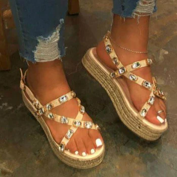 

Women Rhinestone Sandals Women Platform Heels Flat Inhemp Sole Back Strap Buckle Fashion Beach Ladies Shoes