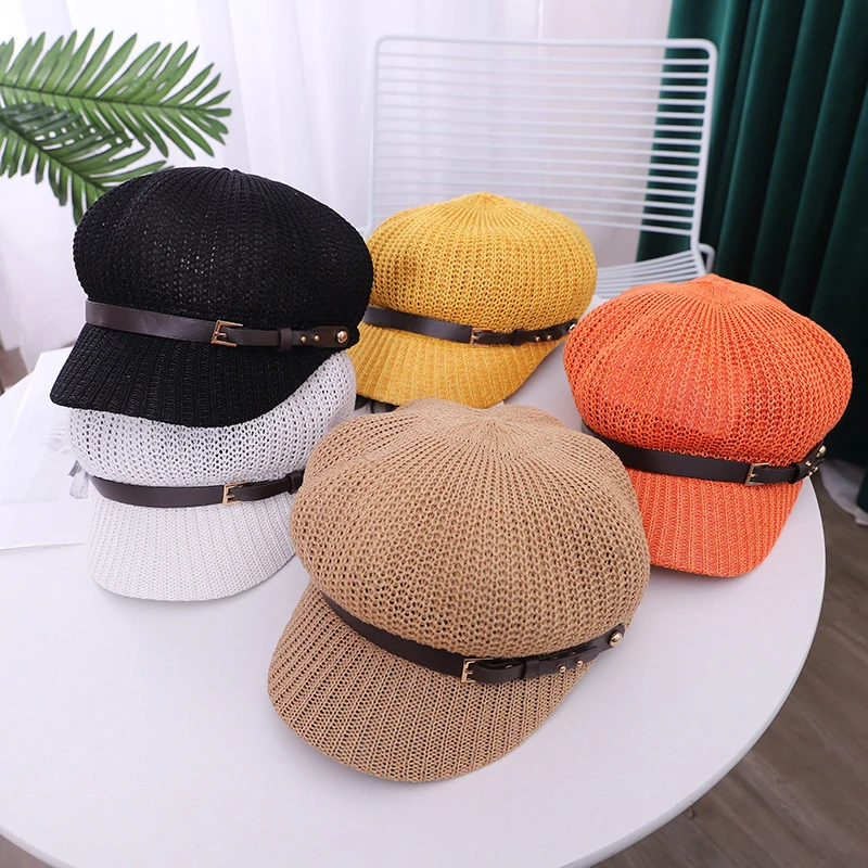 Spring Summer Artist Straw Paper Belt Beret Hat For Women Sun hat Visor Breathable Cap Outdoor Casual Painter Boinas Newsboy Hat