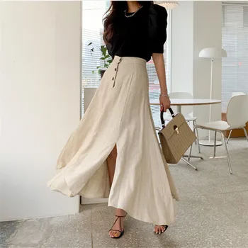 

Cotton linen Skirts Women Split Soft Solid Asymmertic Empire Office Lady Summer Long Skirt with Button