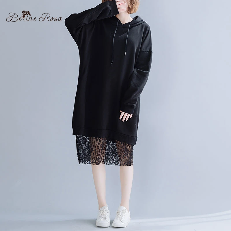Женское черное платье BelineRosa, Splice в кружевном Подоле, False 2 шт. Хлопковые толстовки, платья, зима JJDM0109
