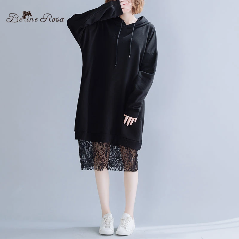 

BelineRosa 2019 Women's Black Hoodies Dress Splice in Lace Hem Hooded Collar Women Cotton Dresses JJDM0109
